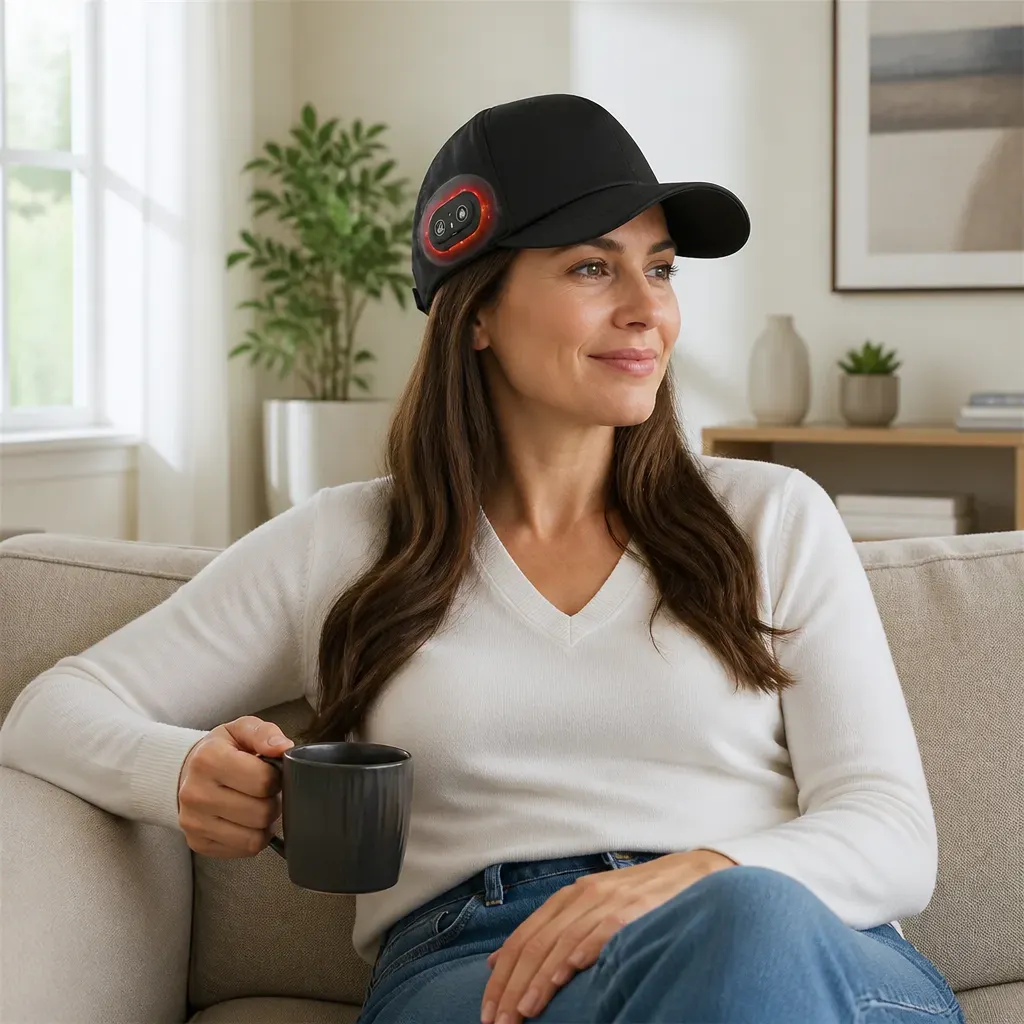 Person relaxing at home wearing the Red Light Therapy Cap