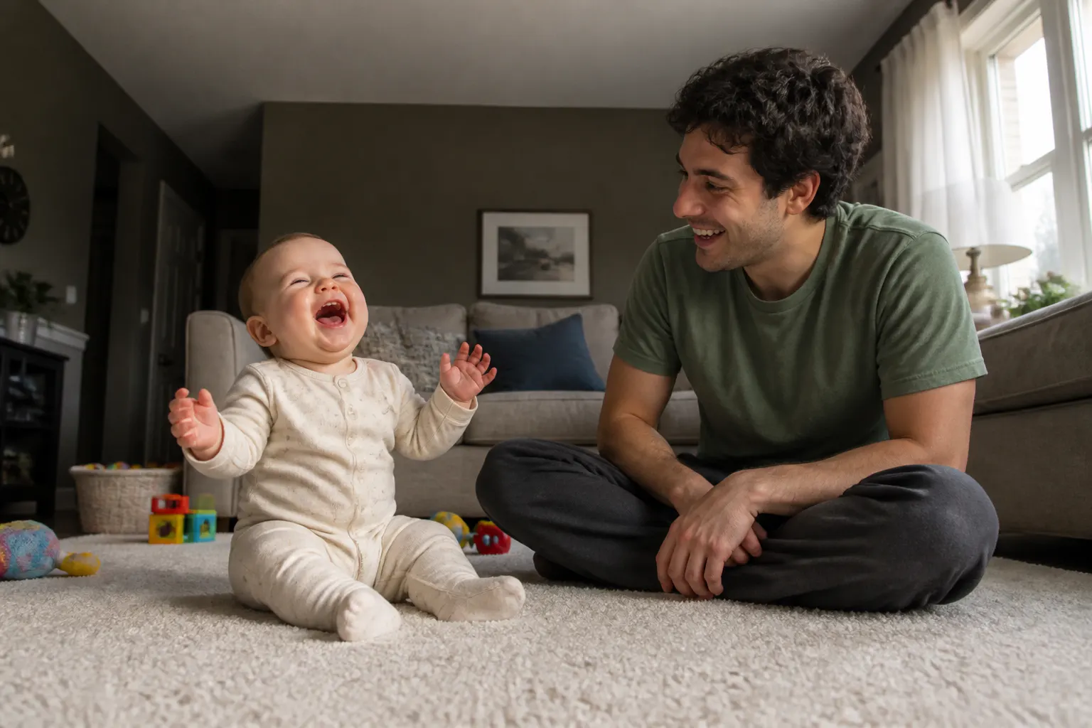 Baby laughing with the elephant