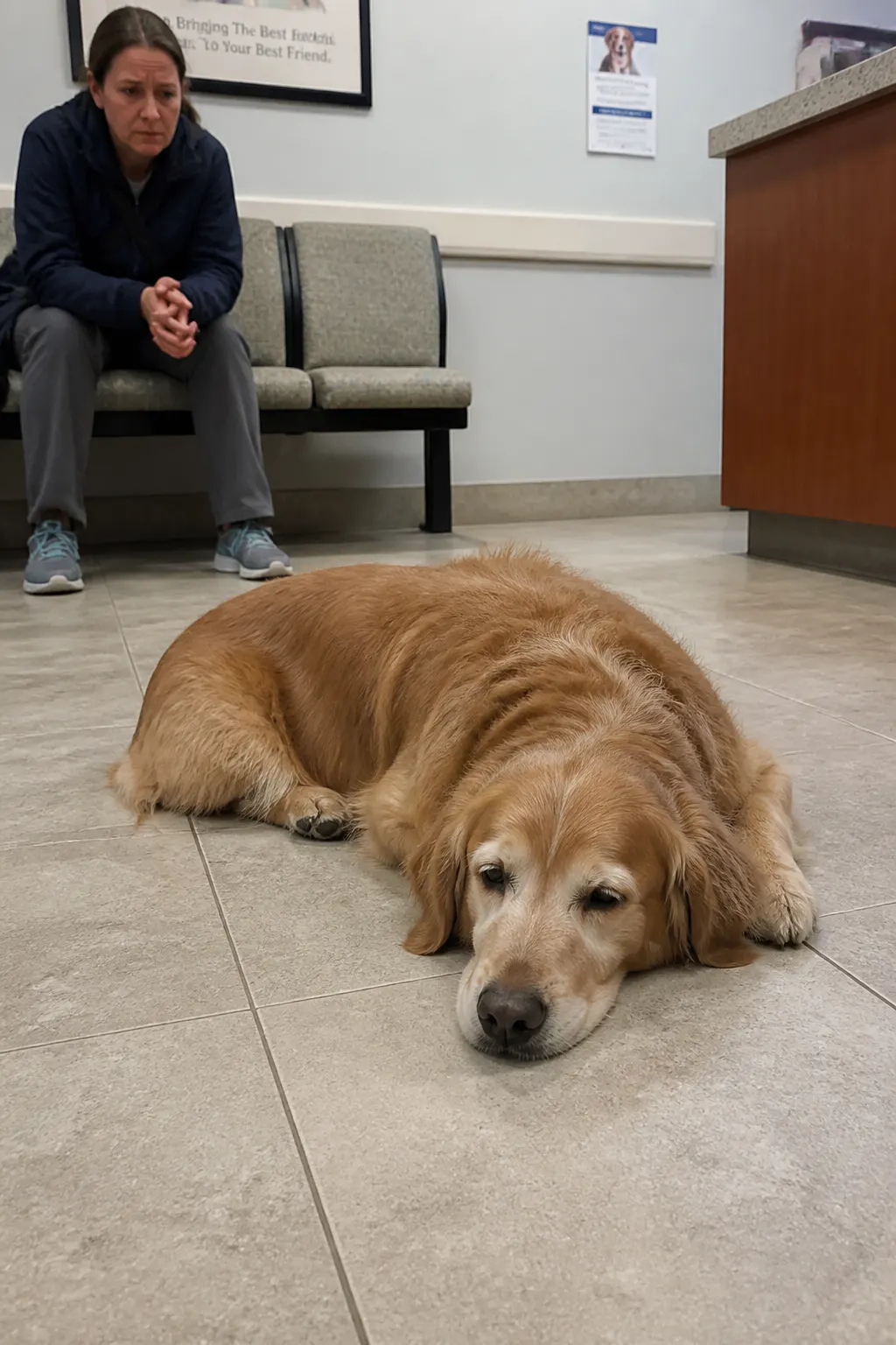 An older dog resting comfortably at home beside a relaxed owner