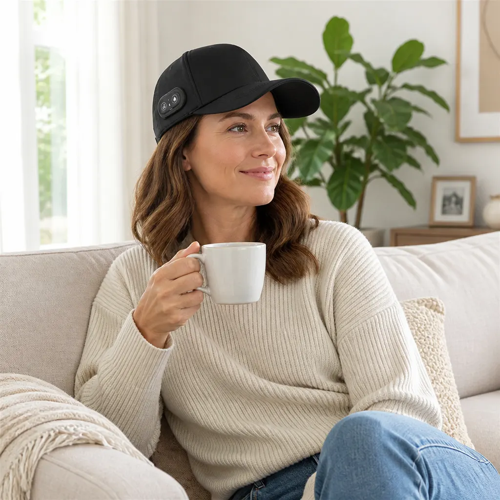 Person wearing the Red Light Therapy Cap at home