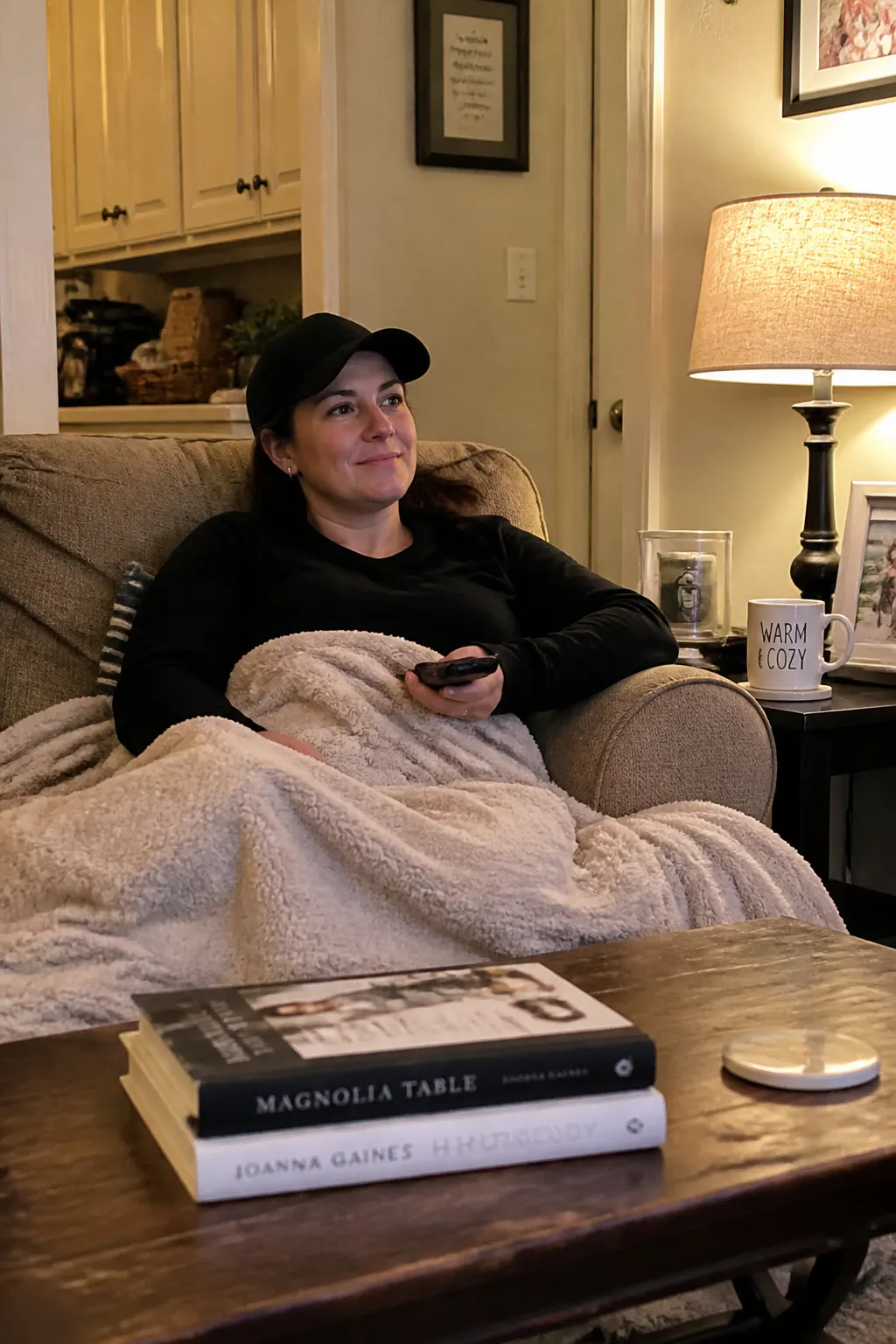Person wearing the cap while relaxing at home
