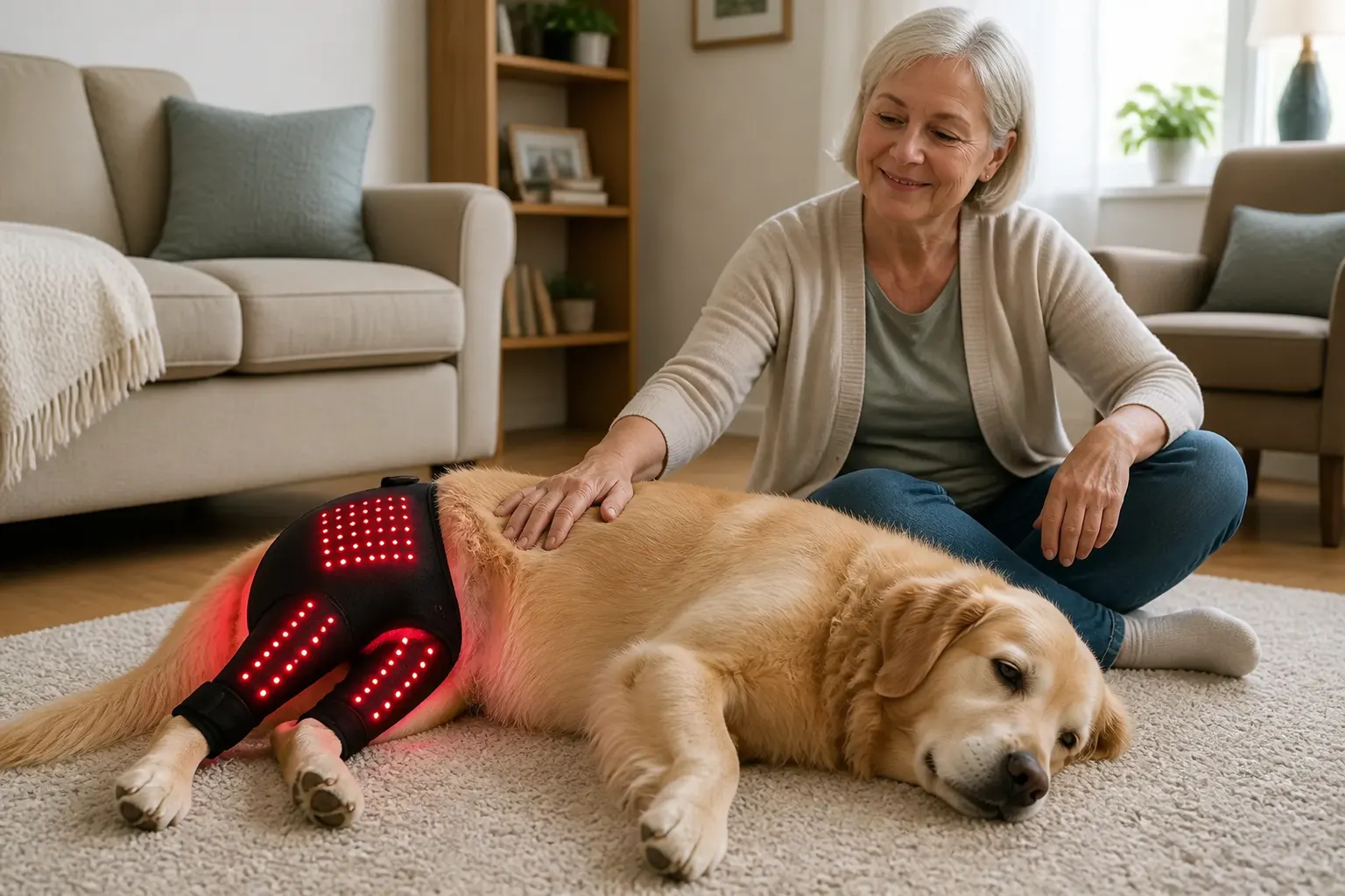 A content senior dog resting at home with the recovery wrap