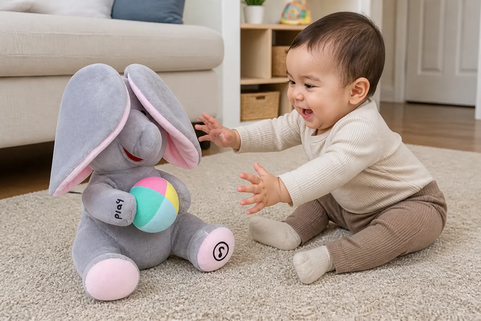 Baby smiling while the elephant sings and plays