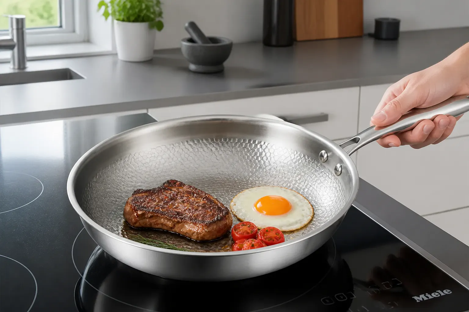 Poêle wok en titane traité avec surface alvéolée nid d'abeille sur plaque à induction