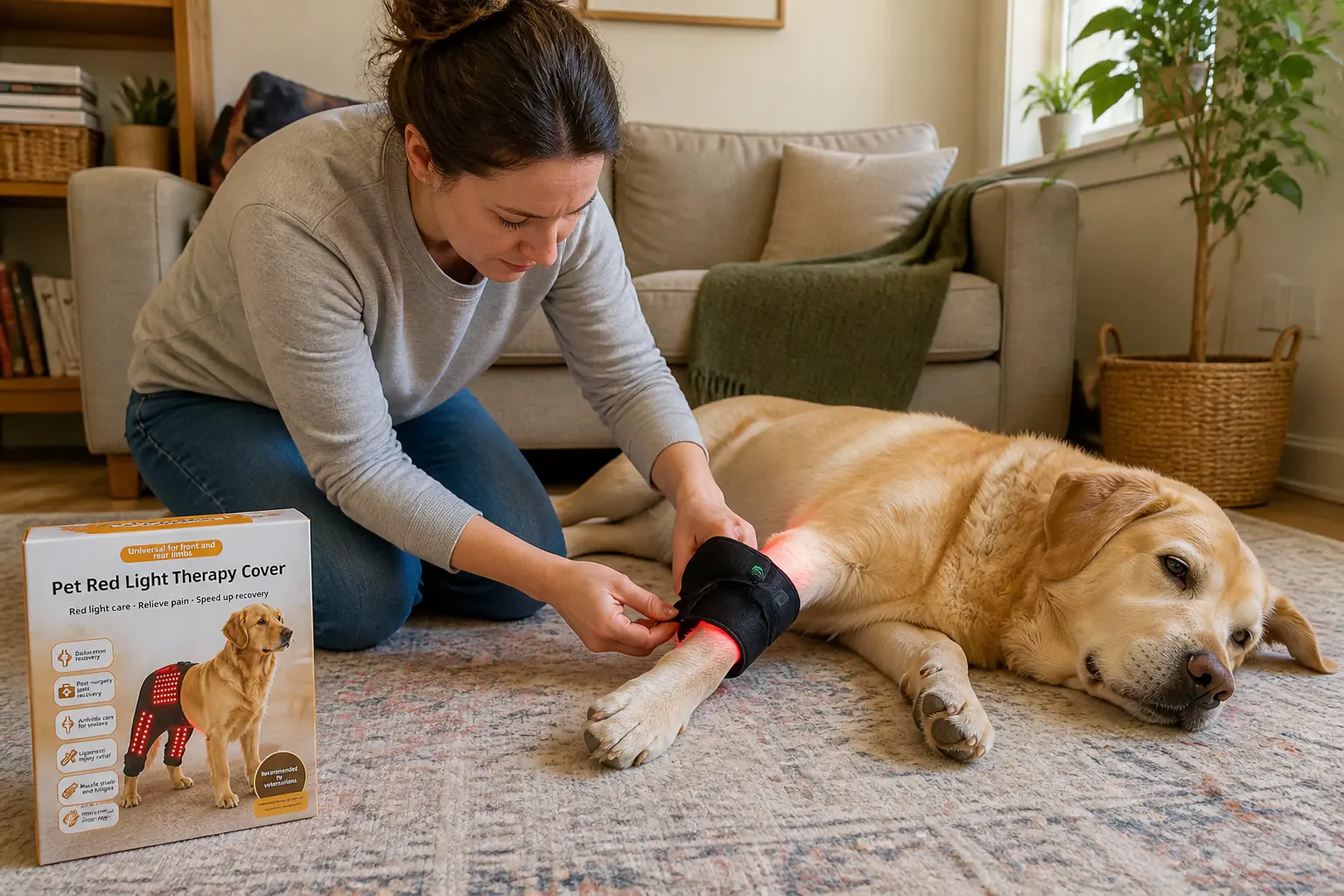 Senior dog lying calmly with the wrap on its hip