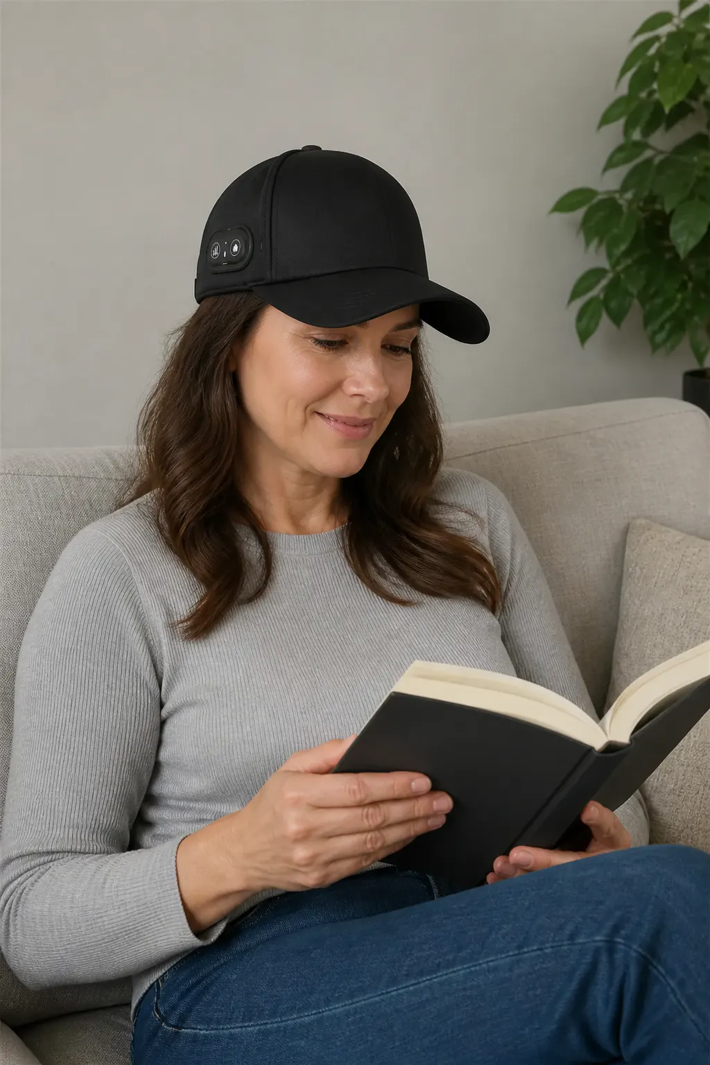 Person comfortably wearing the cap while reading at home