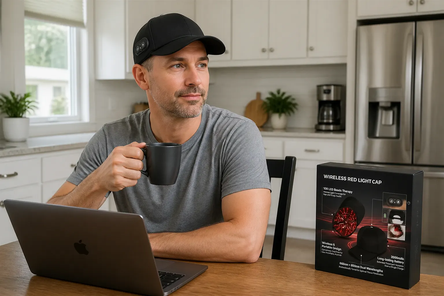 Man in his 30s wearing the cap at home, calm and confident