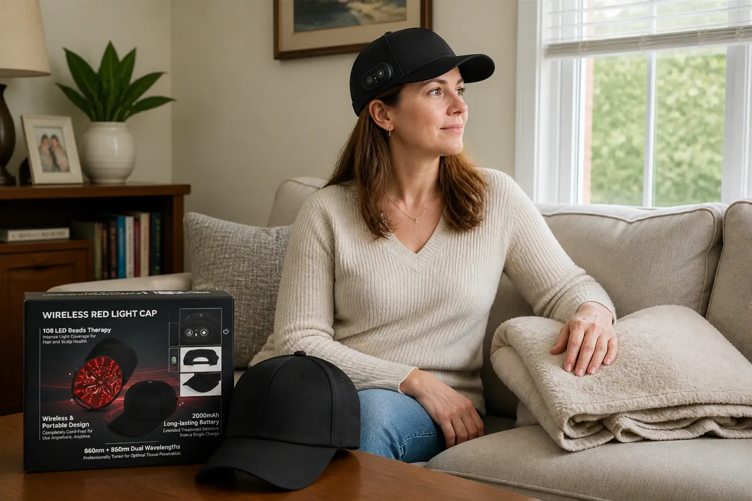 Woman in her 40s wearing the cap at home, relieved and hopeful