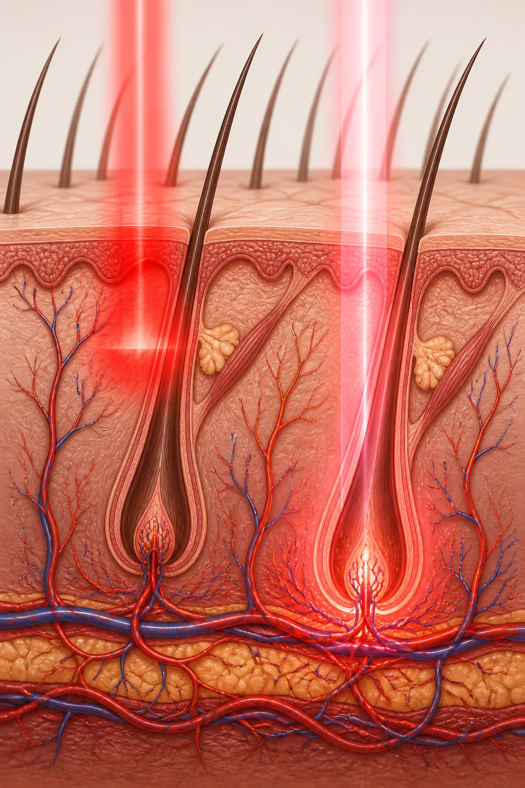 Red light penetrating the scalp to the hair follicle