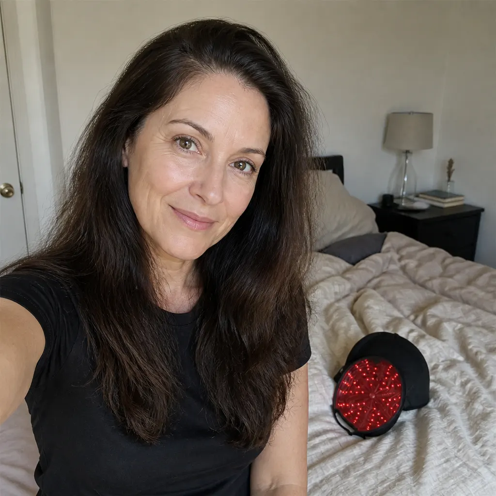 Real customer with fuller, healthier hair smiling at home