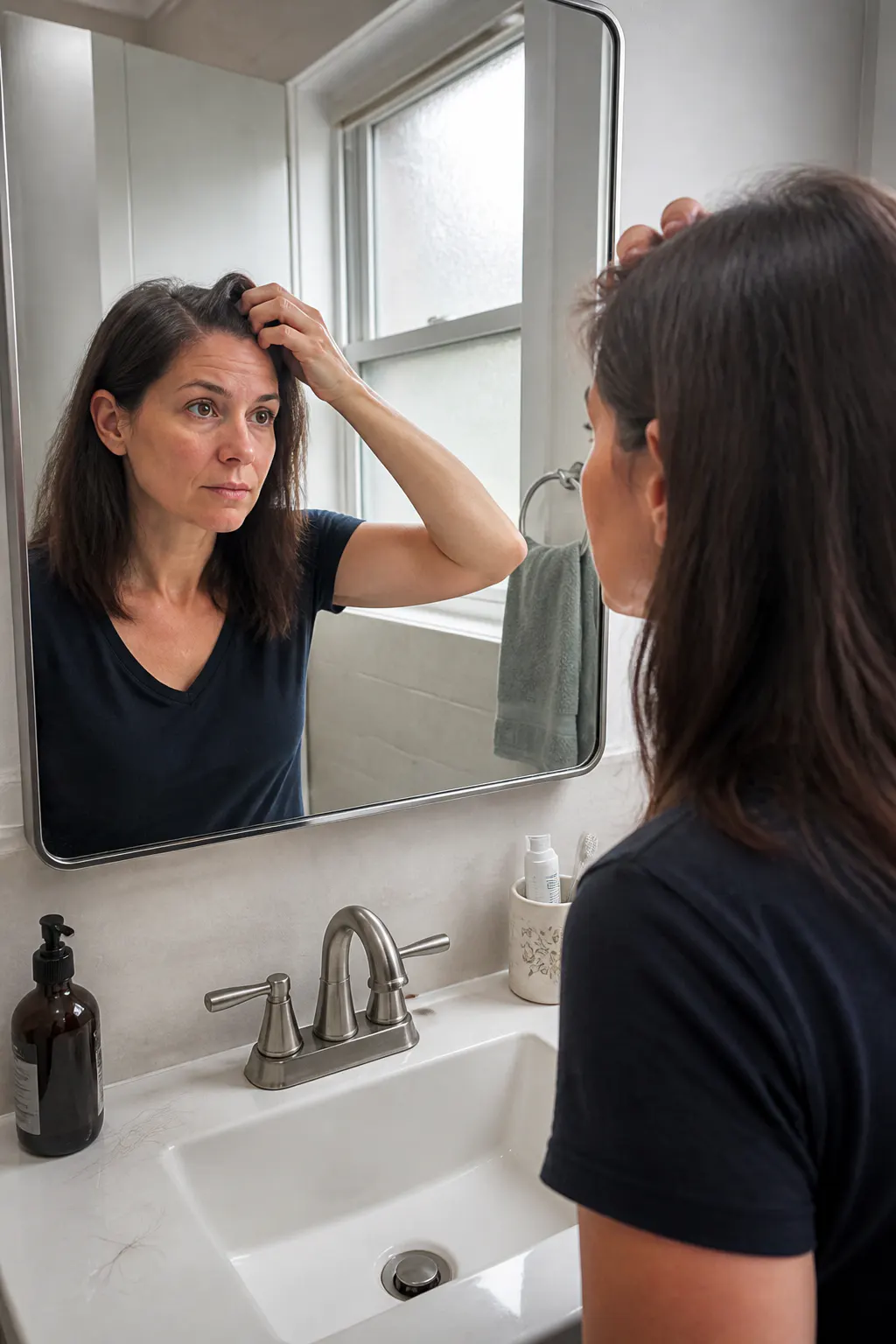Person checking thinning hair in the bathroom mirror