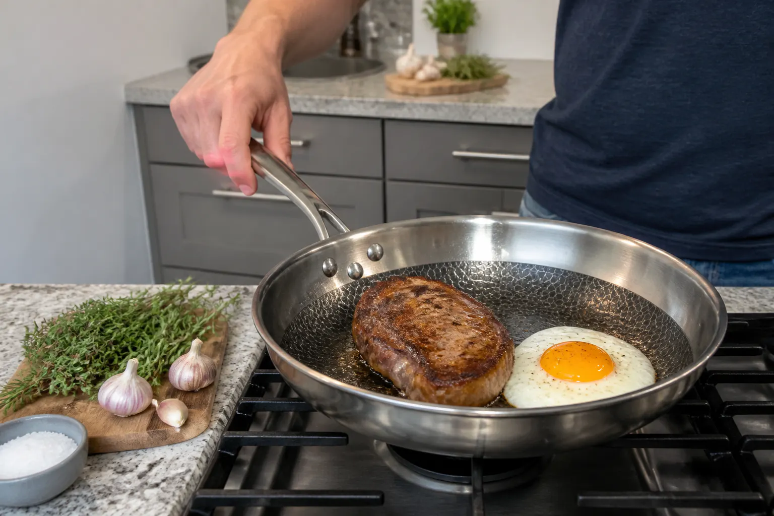 Poêle Titanium prête à cuisiner sur une plaque à induction dans une cuisine suisse lumineuse